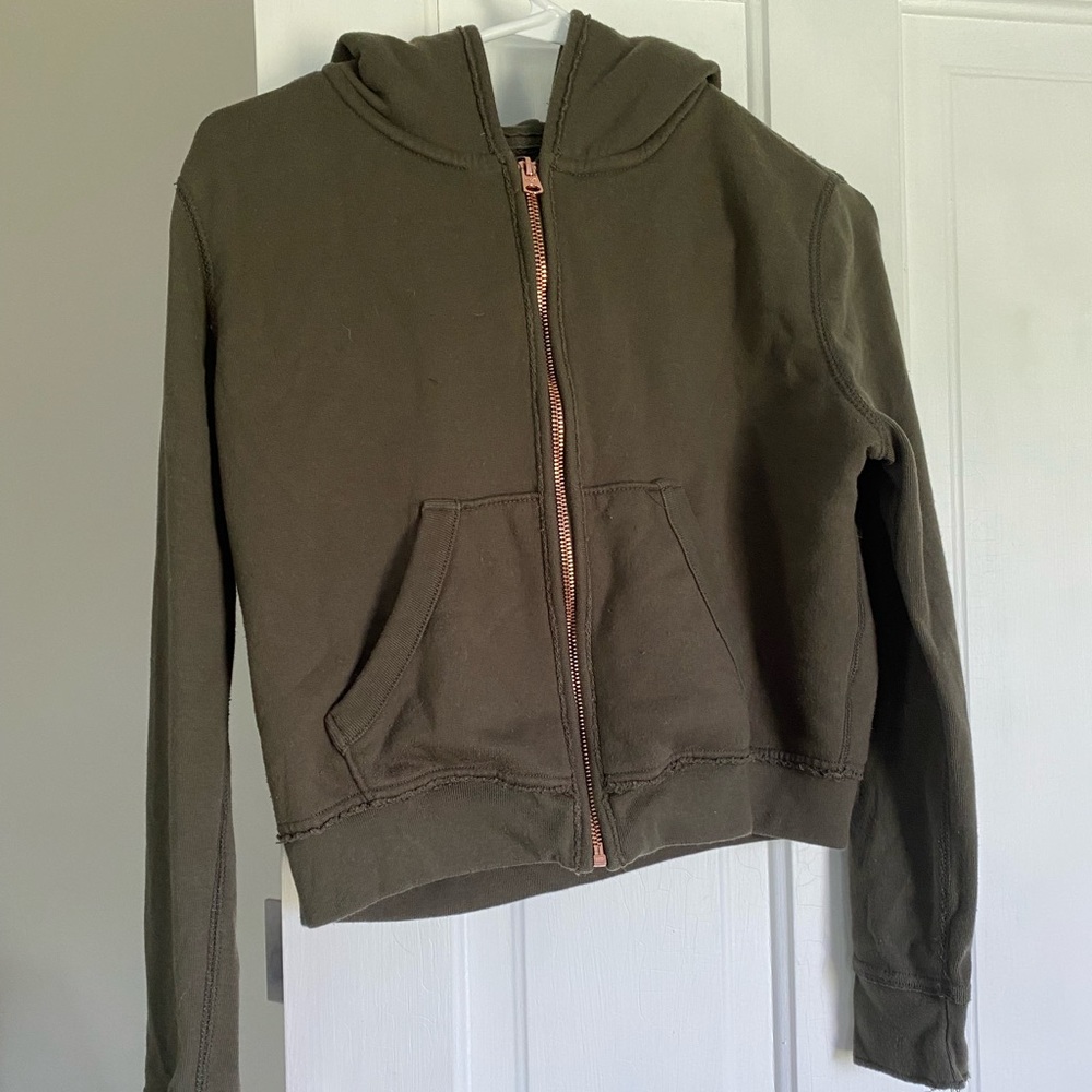 olive/army green cropped zip hoodie with copper zipper